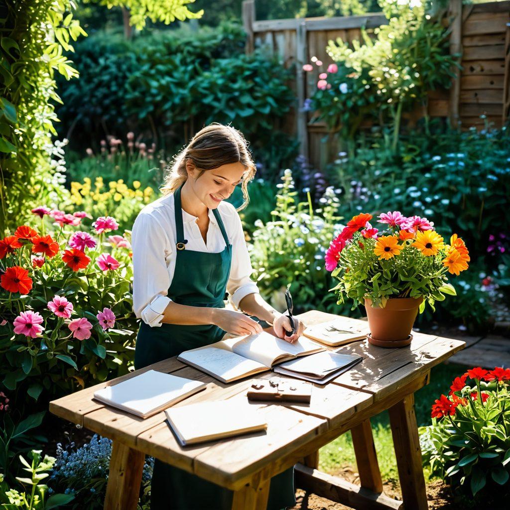 A flourishing garden filled with a diverse array of colorful flowers and greenery, with a person in the foreground joyfully documenting their floral creations in a notebook. Sunlight streaming through the trees, highlighting the beauty of nature and the essence of sustainable gardening. Include a rustic wooden table adorned with tools and vibrant blooms, creating an inviting atmosphere for gardening enthusiasts. soft focus. vibrant colors. natural light.
