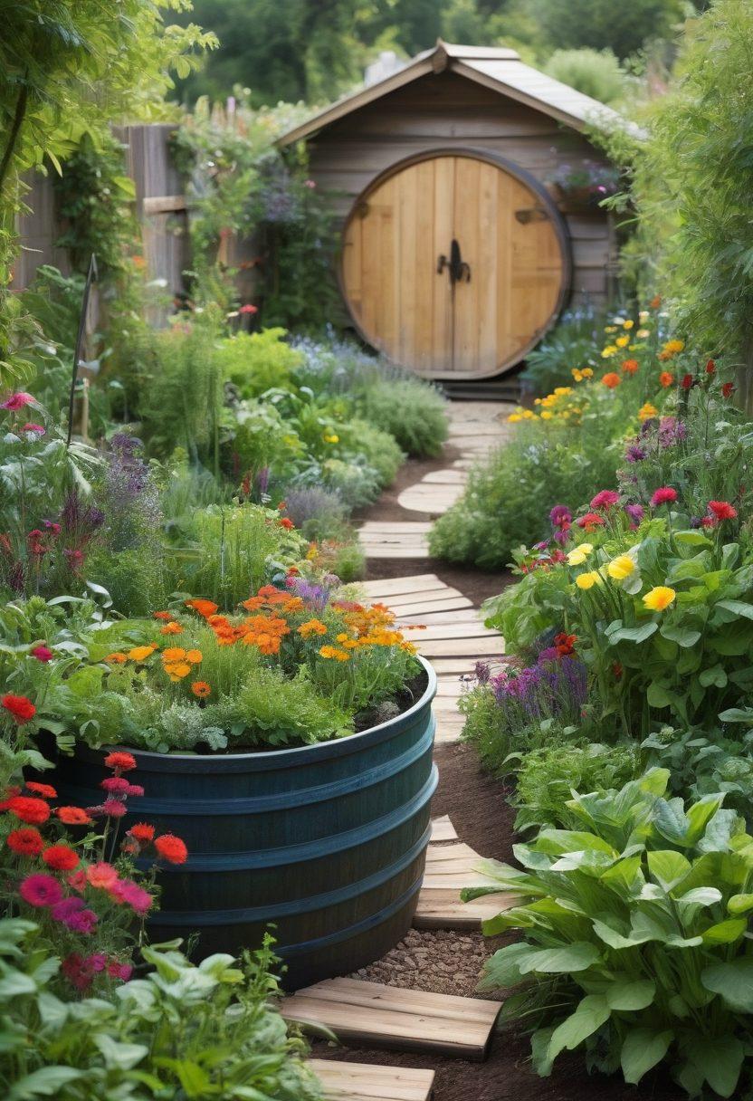 A serene garden scene illustrating various sustainable gardening practices, featuring lush greenery, colorful vegetables, and herbs growing in harmony. Include a person tending to the garden, illustrating a connection with nature, surrounded by butterflies and bees. Add raised beds made of reclaimed wood, a rainwater collection barrel, and diverse plants coexisting. The atmosphere should feel nurturing, promoting a sense of peace and sustainability. vibrant colors. super-realistic.