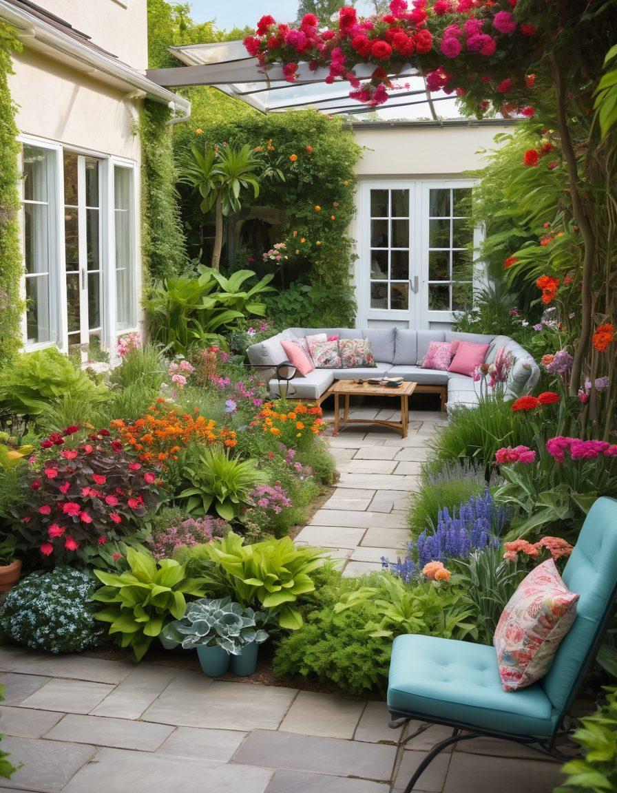 A vibrant garden filled with various flowering plants in full bloom, showcasing different colors and shapes, creating a harmonious outdoor space. In the foreground, a beautifully designed patio with stylish furniture and potted plants. A cozy indoor setting visible in the background, featuring large windows allowing sunlight to filter through, with blooming houseplants placed around. The scene is inviting and lush, inspiring creativity in garden design. super-realistic. vibrant colors. soft focus.